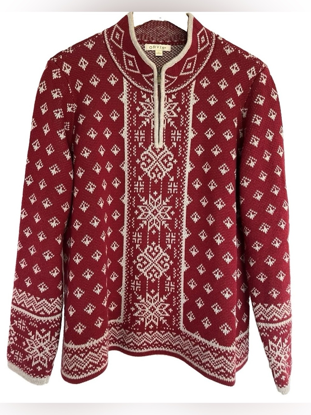 Orvis Men's Unisex Burgundy Gray Fair Isle Nordic 1/4 Zip Wool Cotton Sweater XL